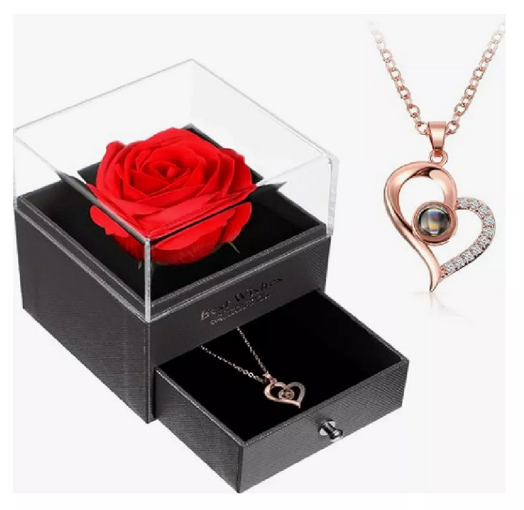 Rosa Eterna en Caja + Collar Proyección 'Te Amo' – Regalo que Enamora 💖